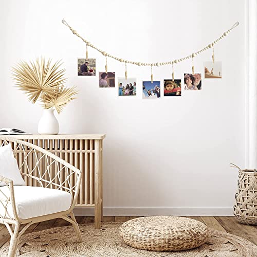 4-Foot Boho Wooden Bead Photo Display Garland with 7 Clips