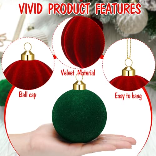 24 Pack Velvet Christmas Ornaments - Flocked Holiday Ball Decor in Cream, Green, Red