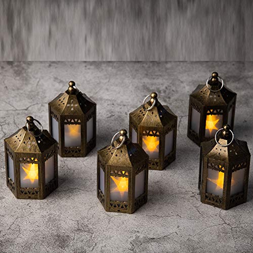 Mini Star Lantern with Flickering LED,Battery Included,Decorative Hanging Light,Christmas Decoration,Indoor Candle Lamp,Battery Lantern Indoor Use,Zkee(Set of 6 Copper Brushed)