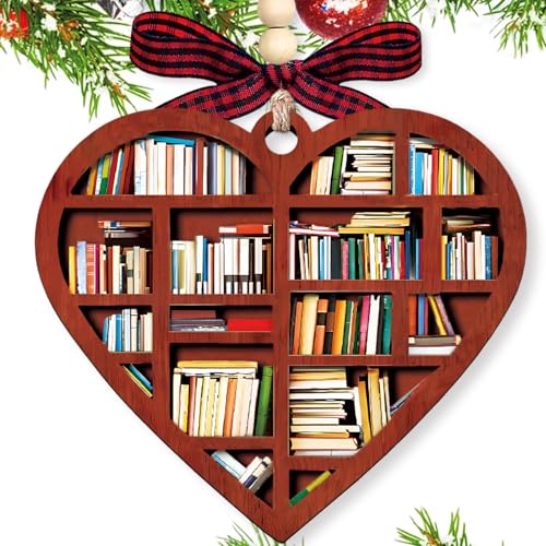 Heart Bookshelf Christmas Ornament, Wooden Book Lover Gift for Readers