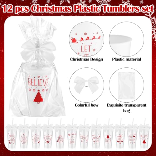 Potchen 12 Pcs Christmas Plastic Tumblers with Lids, Straws, Bow in White - 24 oz Travel Cups