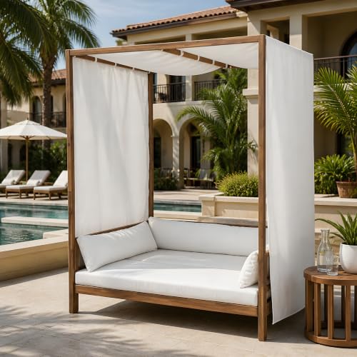 Outdoor Acacia Wood Canopy Daybed with Curtains & Cushions, 72" White