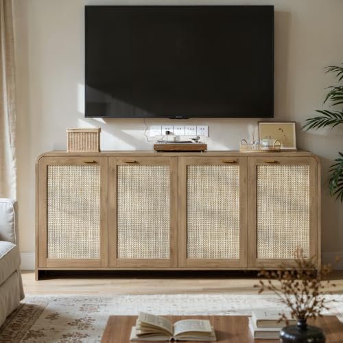 67-Inch Rattan Sideboard Buffet Cabinet, Boho Oak Storage Credenza with 4 Doors