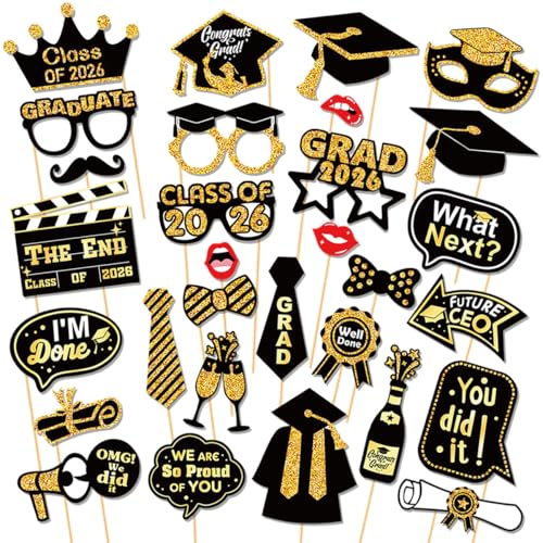 30pcs 2026 Graduation Photo Booth Props - Premium Cardstock Party Decor