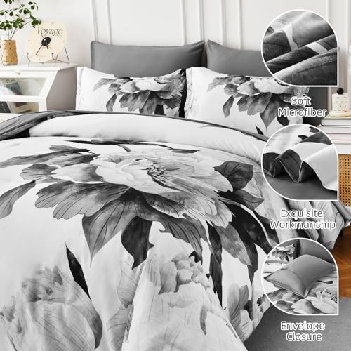 Grey Floral Queen Comforter Set - 7-Piece Soft Microfiber Bed in a Bag
