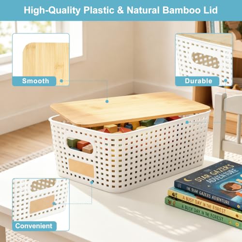 Small Plastic Storage Bins with Bamboo Lids Stackable 6-Pack Cream White