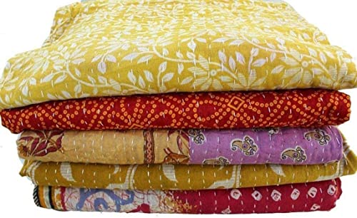 Vintage Kantha Quilt - Handmade Reversible Cotton Throw Blanket 85x55 Inches