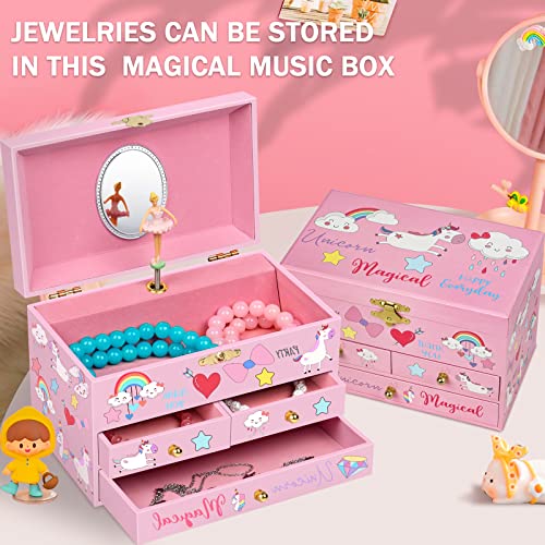 Unicorn Musical Jewelry Box with 3 Drawers and Jewelry Set for Girls