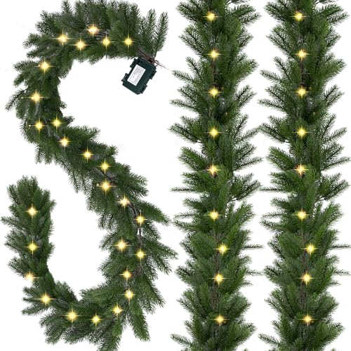6 Ft Battery-Powered Christmas Garland with Lights, Realistic Greenery, Timer, Indoor Outdoor Decor