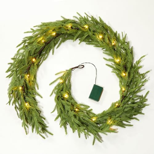 Norfolk Pine 6ft Christmas Garland with 20 LED Lights, Battery-Operated Prelit