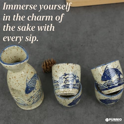 Cream-Fish Ceramic Sake Set 5pcs - Japanese Saki Carafe & Cups - PUNNIO