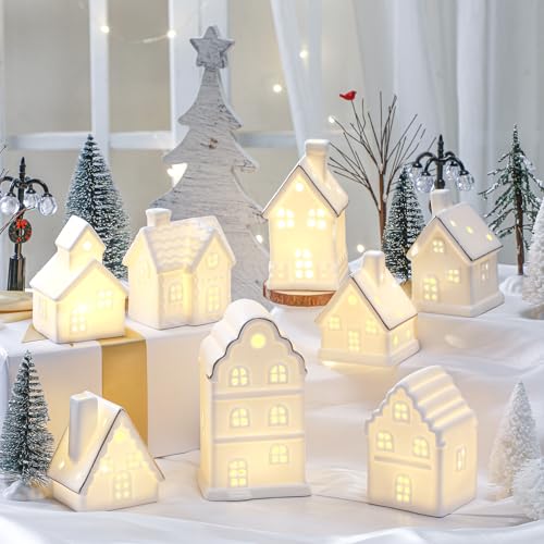 White Ceramic Christmas Village Set with LED Houses, Trees & Lamp Posts