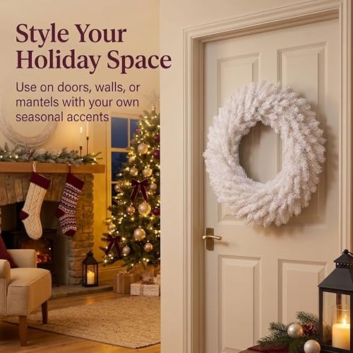 24-Inch White Artificial Christmas Wreath for Front Door and Home Decor