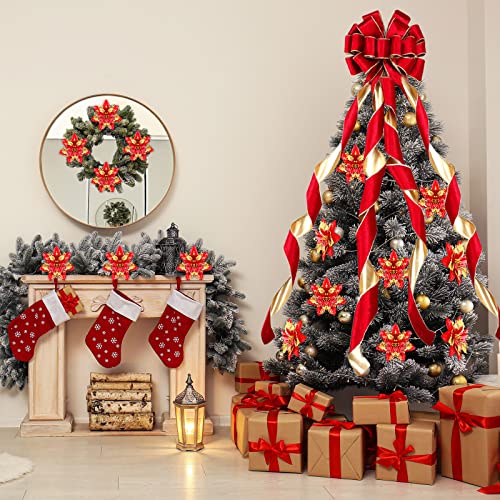 Dingion Large Christmas Tree Topper Velvet Bow Decor, Red Golden