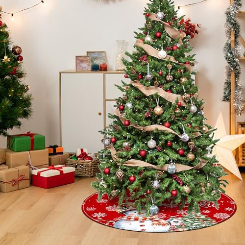 Casuru Red 48-Inch Snowman Christmas Tree Skirt | Let It Snow Holiday Tree Mat
