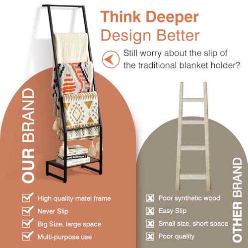 5-Tier Blanket Ladder Shelf, Rustic Wood and Metal Towel Rack for Living Room
