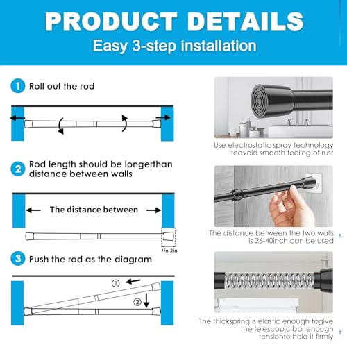 Black Spring Tension Curtain Rod (26-39 Inch) - No Drill Adjustable Rod