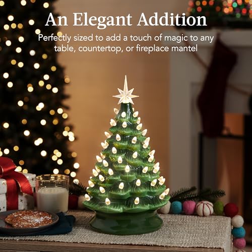 15in Ceramic Christmas Tree with Warm White Lights & Star Toppers - Green, Hand-Painted Holiday Decor