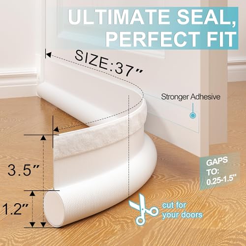 White Door Draft Stopper - 37-Inch Adjustable Under Door Insulator & Soundproof Seal - One Sided, Weather Stripping