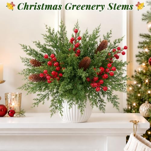 Livole 50 Pcs Christmas Greenery Stems with Red Berries & Pine Cones - Green, DIY Holiday Decor