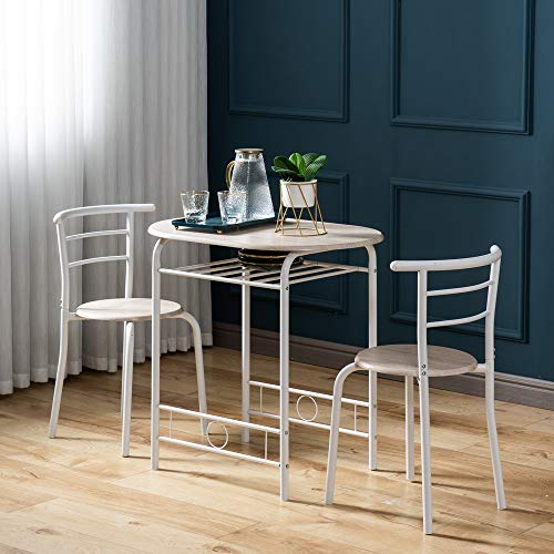 3-Piece Small Dining Table Set for 2 with Built-In Wine Rack, White & Light Oak