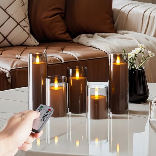 Homemory Gray Flickering Flameless Candles with Remote & Timer Set - 4/5/6/8 Inch Height