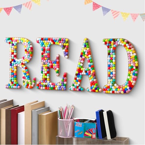 4-Piece Wooden READ Wall Sign with Pom Pom Accents for Reading Corners