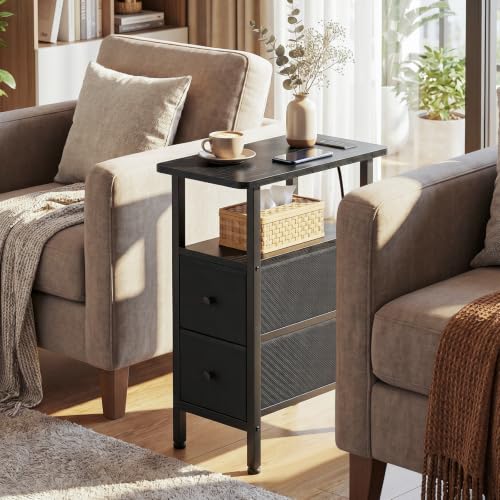Narrow End Table with Charging Station & 2 Fabric Drawers - Slim Side Table