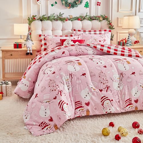 UOZZI Bedding Christmas Queen Comforter Set 7pc – Pink Snowman, Red Plaid, 12in Fitted Sheet