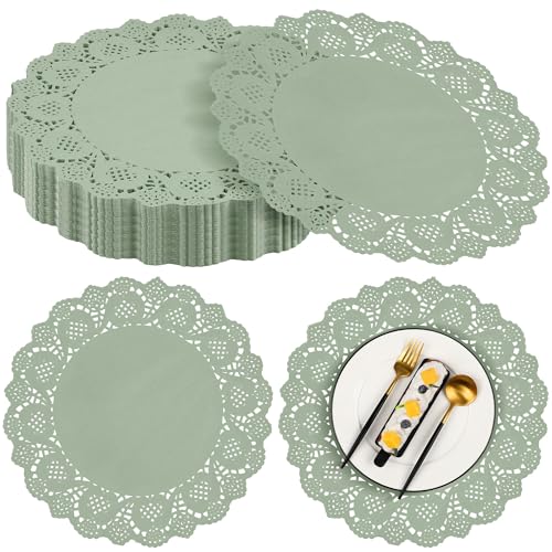 100 Pack Sage Green Lace Paper Doilies - 13.5 Inch Round Disposable Placemats