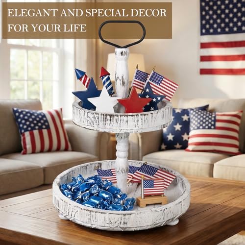 Horse Rustic 2-Tier Wooden Serving Tray, 18.5x12.5 White Farmhouse Cupcake Stand