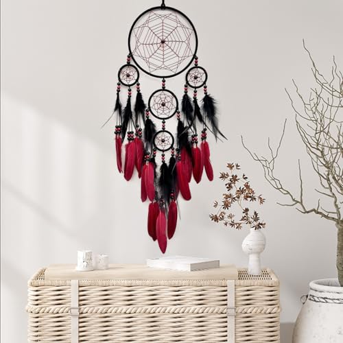 Large Handmade Dream Catcher - Red and Black Wall Hanging Ornament