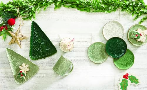 Tree-Shaped Ceramic Serving Platter - Pine Green Christmas Tree Design, 11" x 7.75"