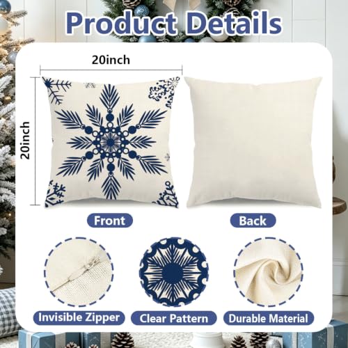 Blue Snowflake Christmas Pillow Covers 20x20 Inch Set of 4 - Holiday Decor