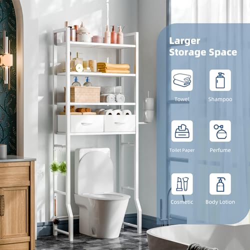 4-Tier Over The Toilet Storage Shelf with Drawers and Metal Hooks, White