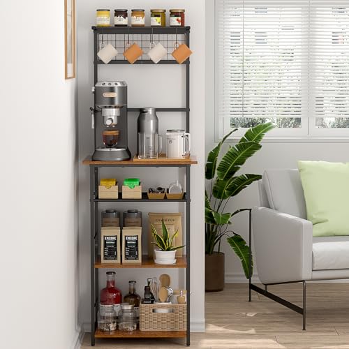 5-Tier Farmhouse Coffee Bar Station with Hooks, Small Space Bakers Rack
