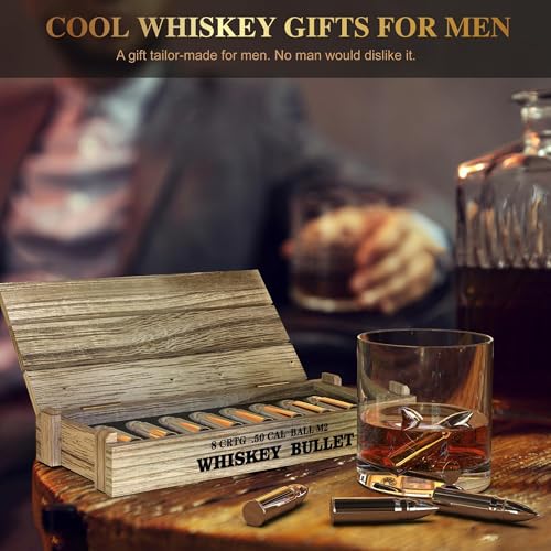 8Pcs Bullet Whiskey Stones - Reusable Stainless Steel Ice Cubes for Premium Drinks, Gift Set with Wooden Box