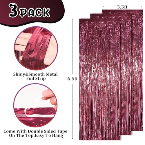 Voircoloria Burgundy Foil Fringe Backdrop Curtains 3.28x6.56ft 3pcs - Burgundy / 3
