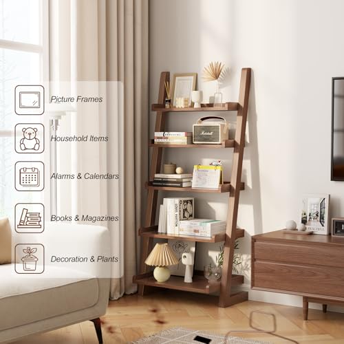 5-Tier Wooden Leaning Ladder Shelf, Modern Rubberwood Bookshelf