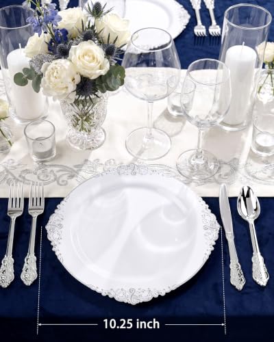 Hioasis 100 Pack White Silver Disposable Plastic Plates 10.25 Inch - Elegant Dinnerware for Parties & Events
