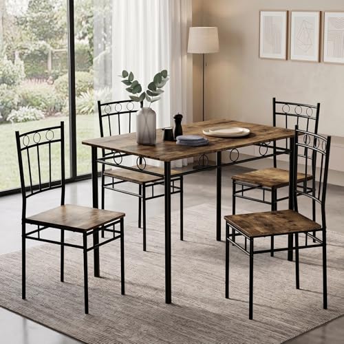 5-Piece Kitchen Dining Table Set for 4, Rustic Brown Space-Saving Dinette