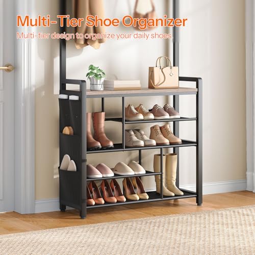 Industrial Hall Tree with Bench and Shoe Storage, 39-inch Entryway Coat Rack