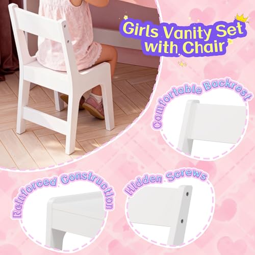 Kids Vanity Table and Chair Set with 3-Mode LED Lighted Mirror and Storage