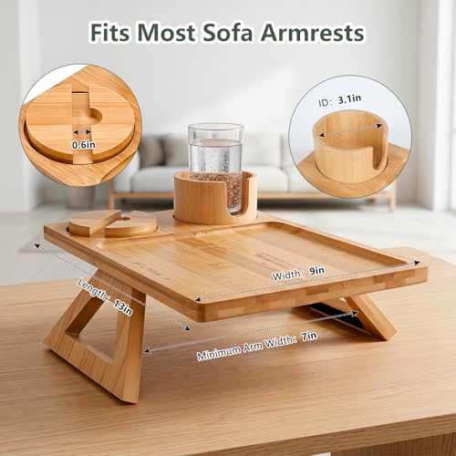 Bamboo Couch Armrest Table with Cup Holder and 360° Phone Stand