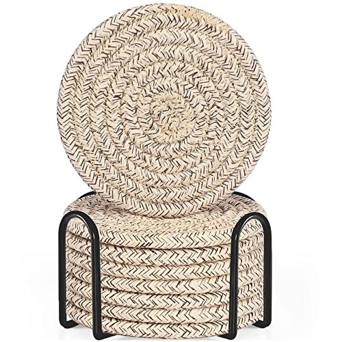8-Piece Woven Cotton Drink Coaster Set with Holder, 4.3-Inch Absorbent Coasters