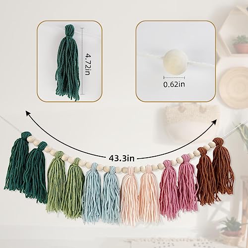 Boho Rainbow Tassel Garland with Wood Beads for Nursery and Home Decor