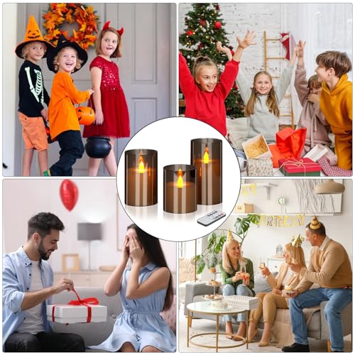 Flameless LED Pillar Candles Set with Remote & Timer - Gray 3 Pack