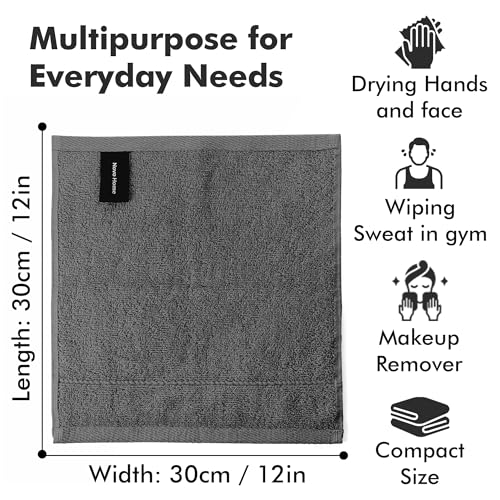 Novo Home Dark Grey Cotton Face Towels Pack of 12 - Soft, Absorbent & Quick Dry