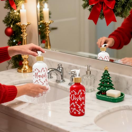 FYSUIMU Christmas Candy Theme Glass Soap Dispenser Set with Wooden Tray - Refillable Liquid Hand & Dish Soap Pump, 2 Pack
