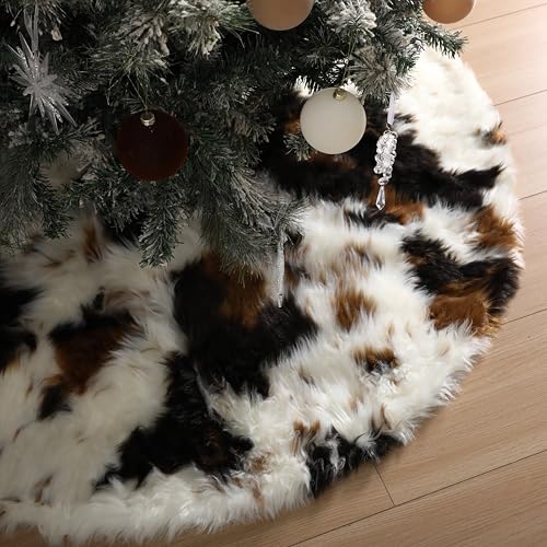 Halloscume 48 Inch Faux Fur Christmas Tree Skirt – Thick Western Cow Print, Open Design